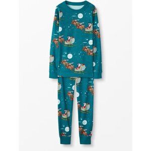Hanna Andersson Long John Pajamas Organic Cotton Santa Sleigh Ride Blue US 6/7